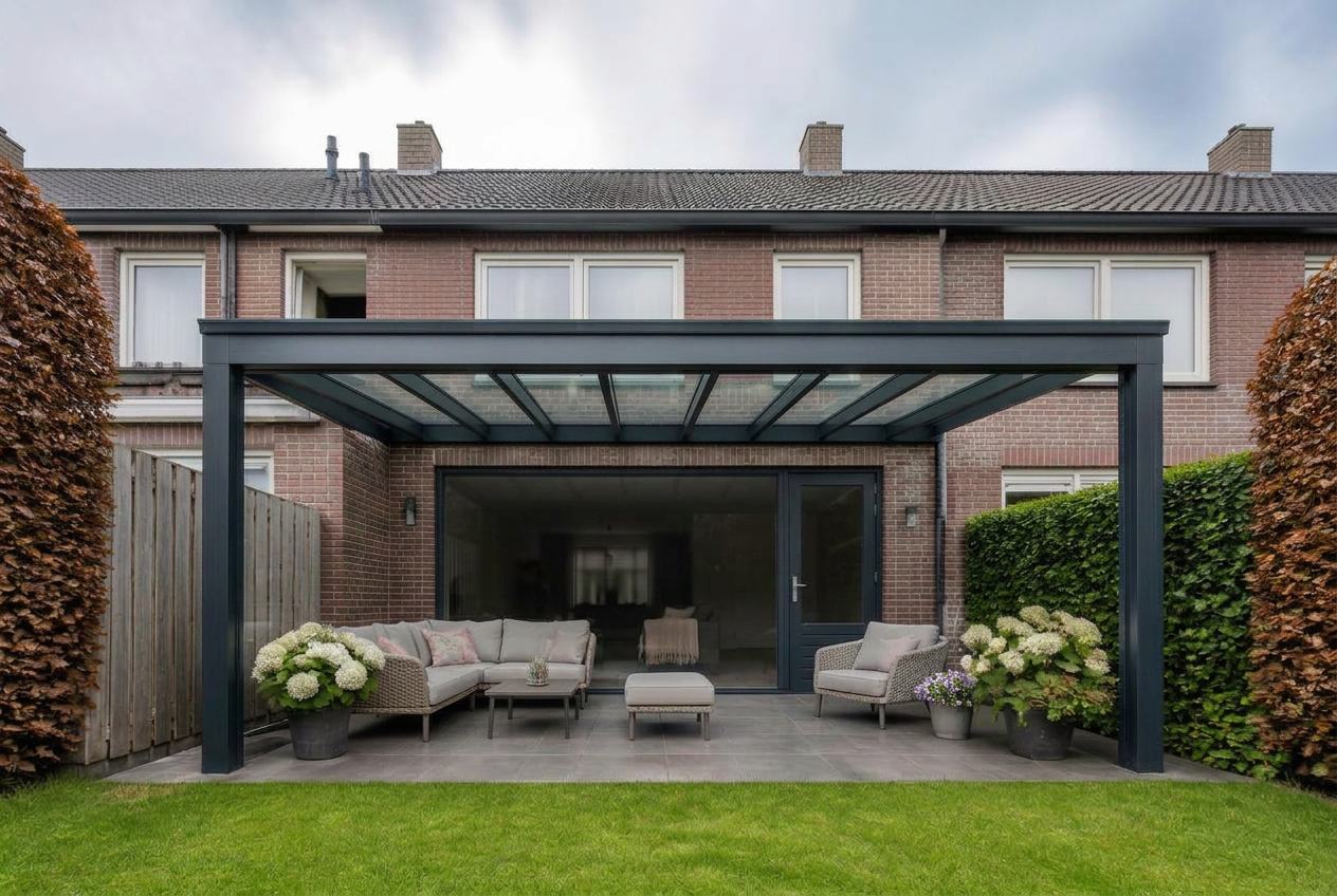 Veranda vooraanzicht met antraciet (ral 7016) constructie en rode baksteen