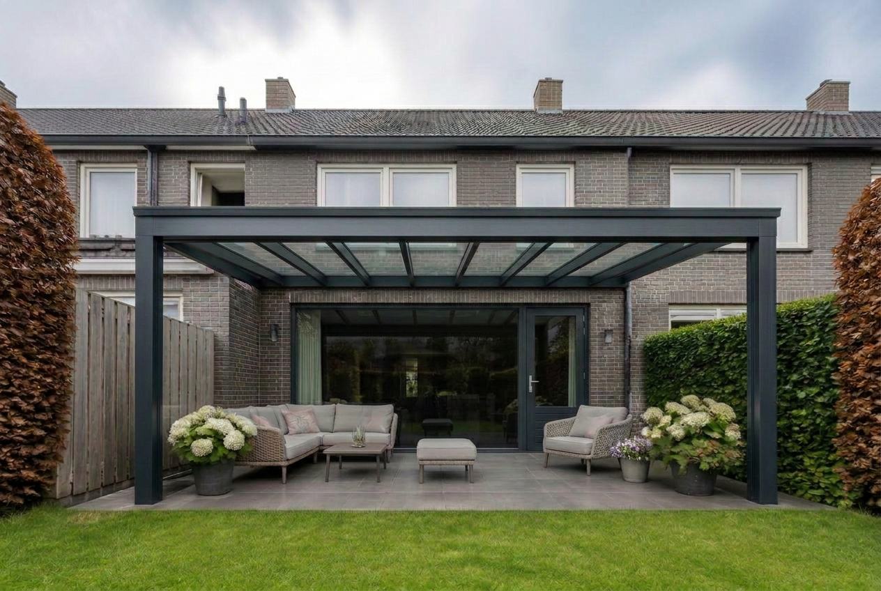 Veranda vooraanzicht met antraciet (ral 7016) constructie en grijze baksteen