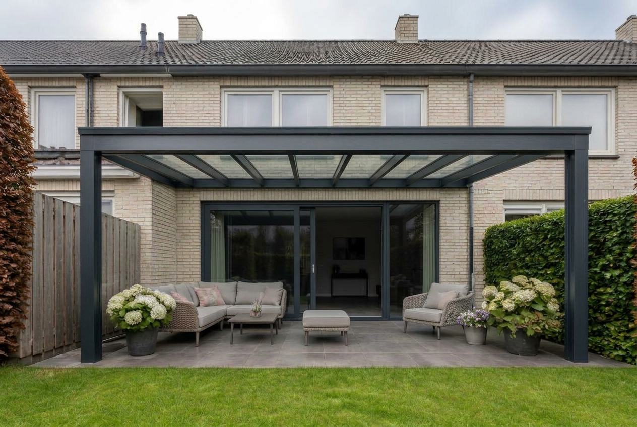 Veranda vooraanzicht met antraciet (ral 7016) constructie en witte kalkzandsteen