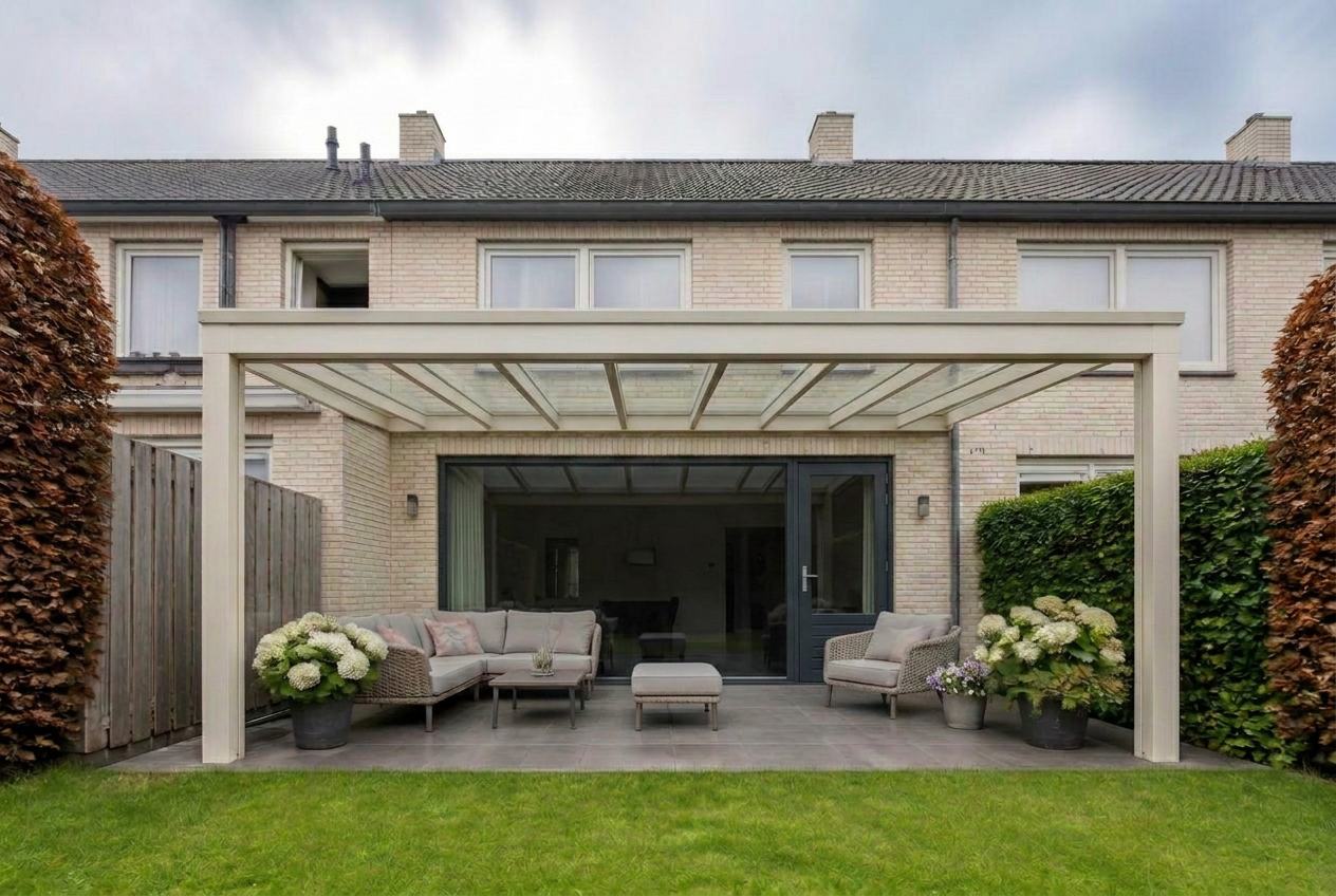 Veranda vooraanzicht met creme (ral 9001) constructie en witte kalkzandsteen