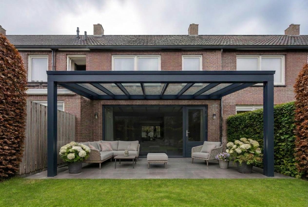 Veranda vooraanzicht met navy (ral 5011) constructie en rode baksteen