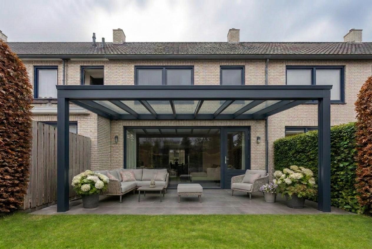 Veranda vooraanzicht met navy (ral 5011) constructie en witte kalkzandsteen