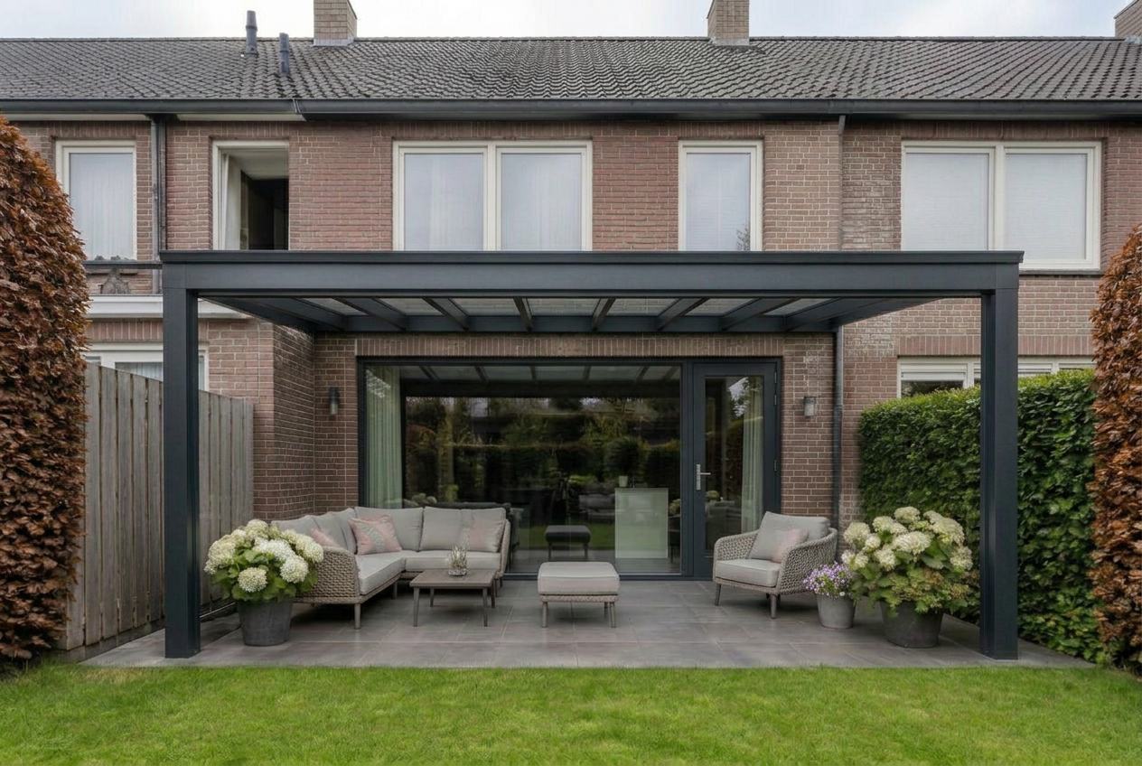 Veranda vooraanzicht met structuur zwart constructie en rode baksteen