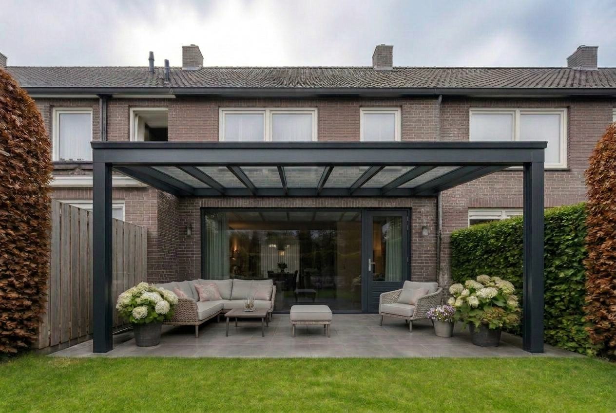 Veranda vooraanzicht met structuur zwart constructie en grijze baksteen